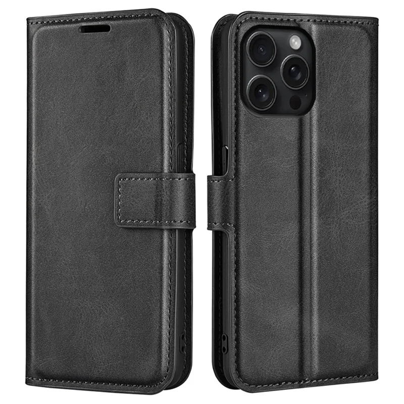 For iPhone 16 Pro Case Magnetic Clasp Calf Texture Flip Leather Phone Cover - Black