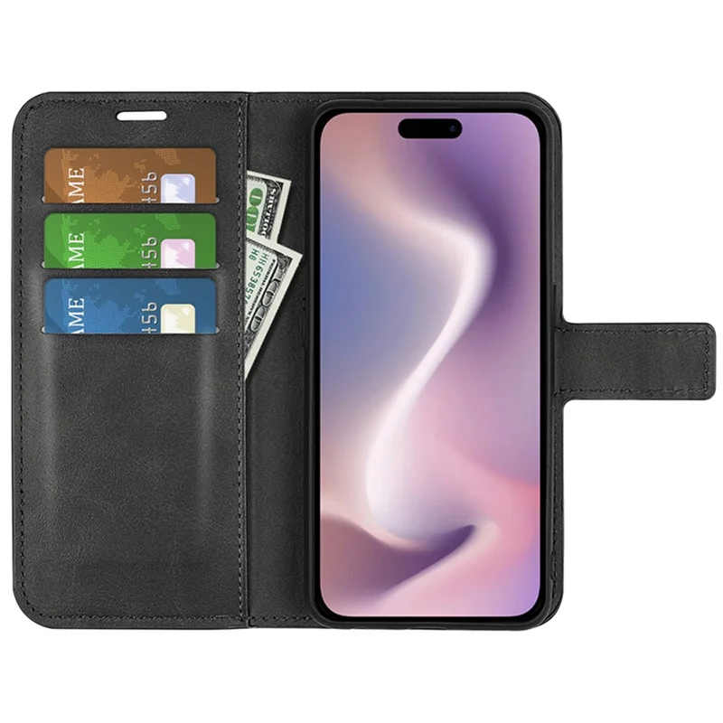 For iPhone 16 Pro Case Magnetic Clasp Calf Texture Flip Leather Phone Cover - Black