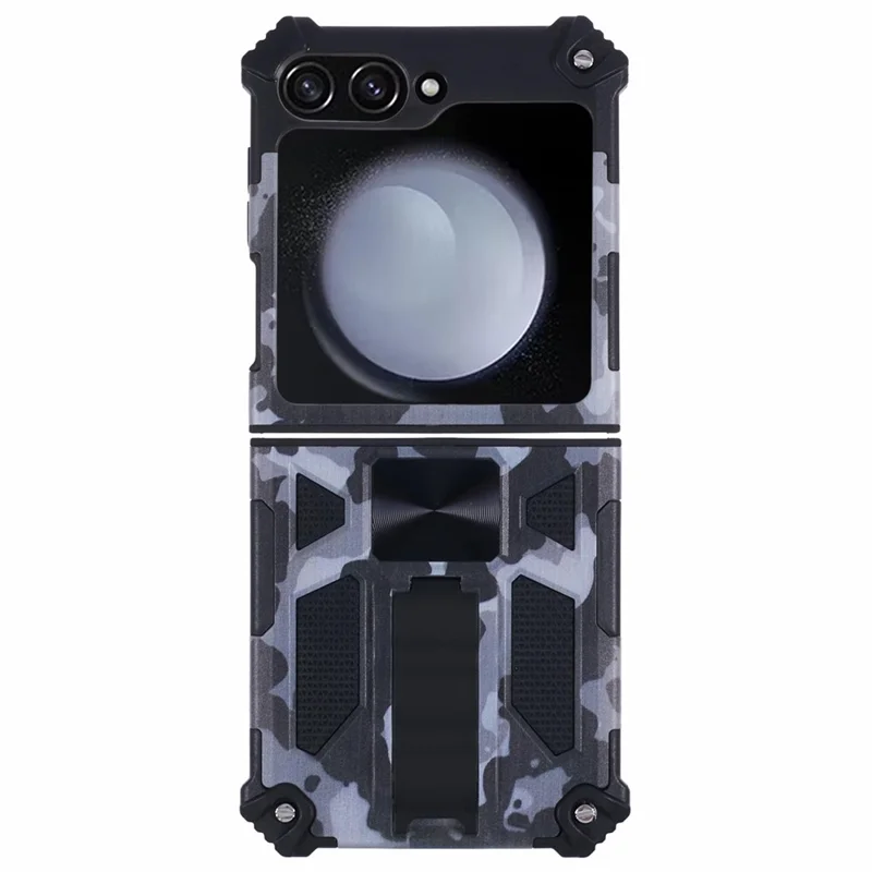 Für Samsung Galaxy Z Flip6 5G / Z Flip5 5G Hülle mit Ständer PC+TPU Camouflage Schutzhülle - Schwarz