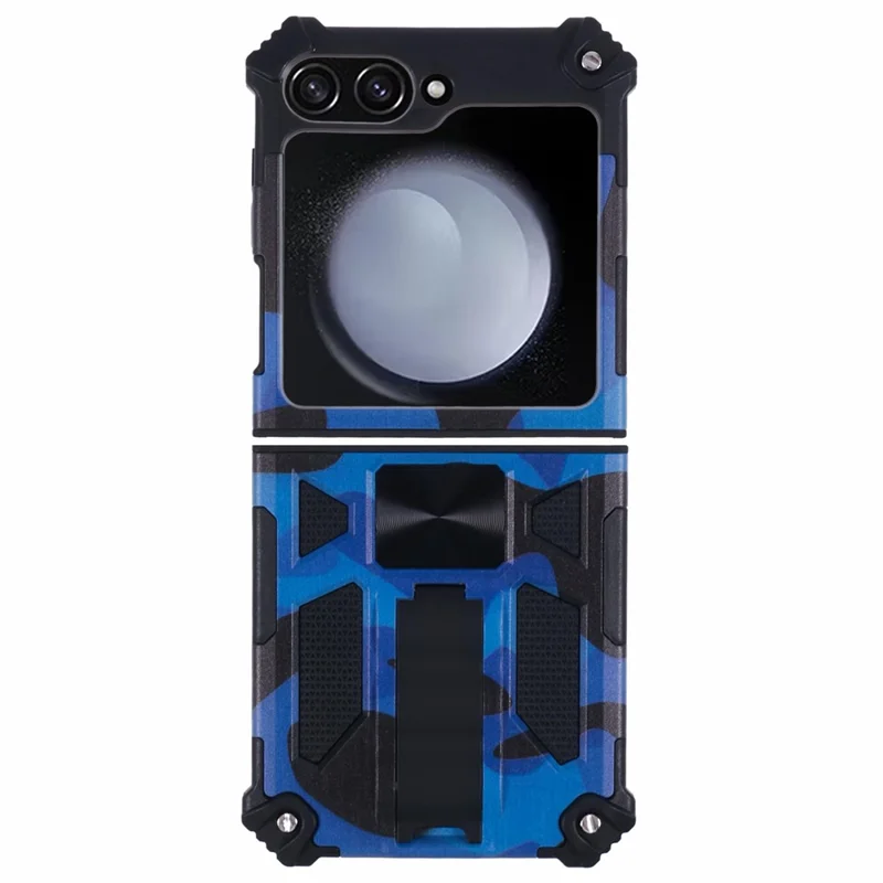 حالة Samsung Galaxy Z Flip7 FE 5G / Z Flip6 5G / Z Flip5 5G حامل قابل للطي PC + TPU غطاء واقي كامو - أزرق