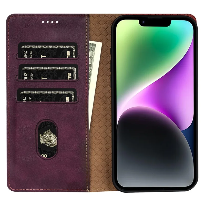 N.BEKUS CSJ-001 For iPhone 14 Phone Wallet Case PU Leather Folding Stand Cover - Wine Red