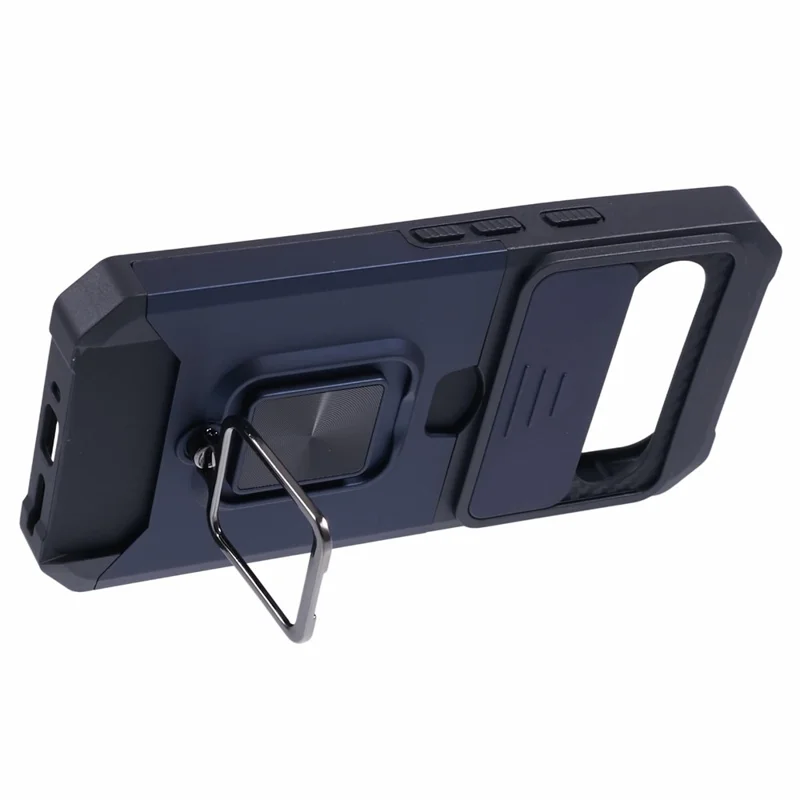 For Google Pixel 9 / Pixel 9 Pro Case Card Holder PC+TPU Kickstand Phone Cover with Lens Protection - Navy Blue