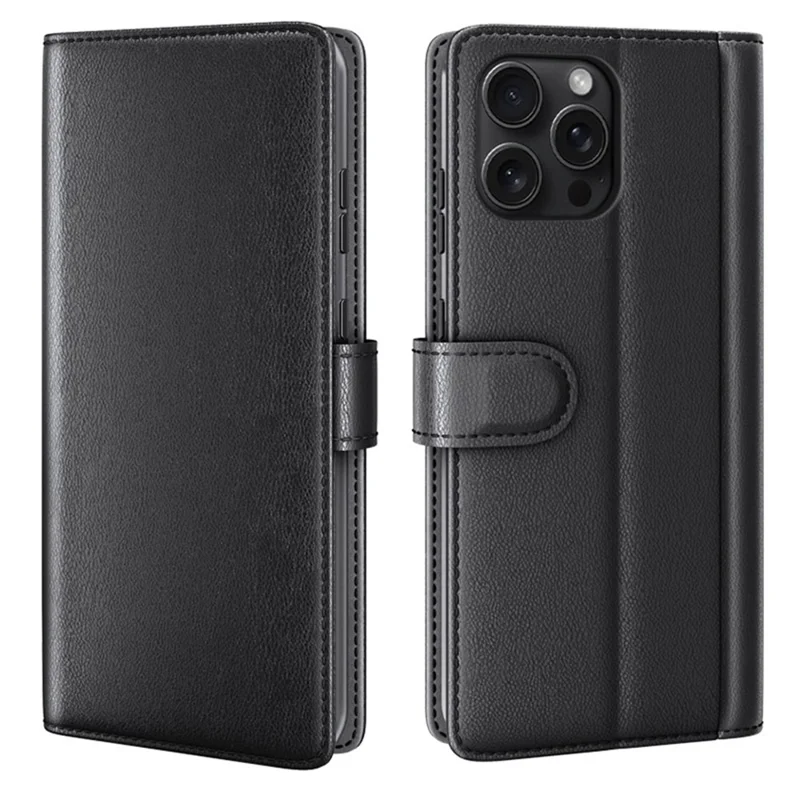 For iPhone 16 Pro Max Case Genuine Split Leather Phone Cover with Wallet Stand - Black