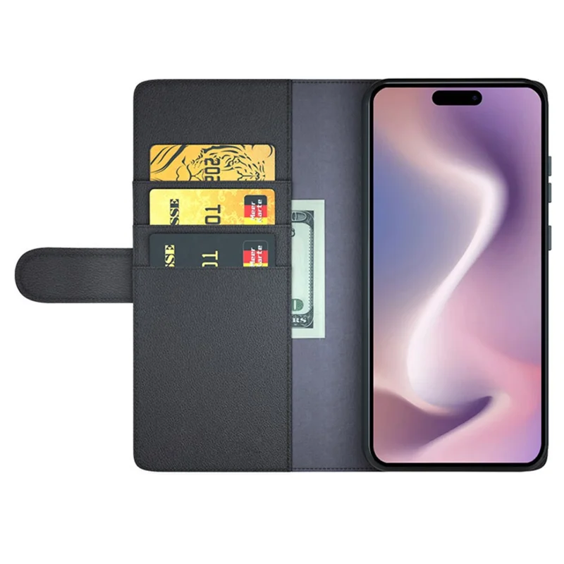 For iPhone 16 Pro Max Case Genuine Split Leather Phone Cover with Wallet Stand - Black
