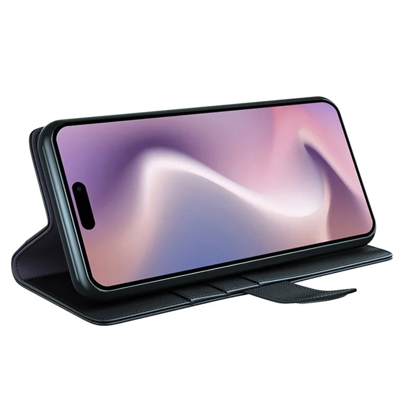 For iPhone 16 Pro Max Case Genuine Split Leather Phone Cover with Wallet Stand - Black