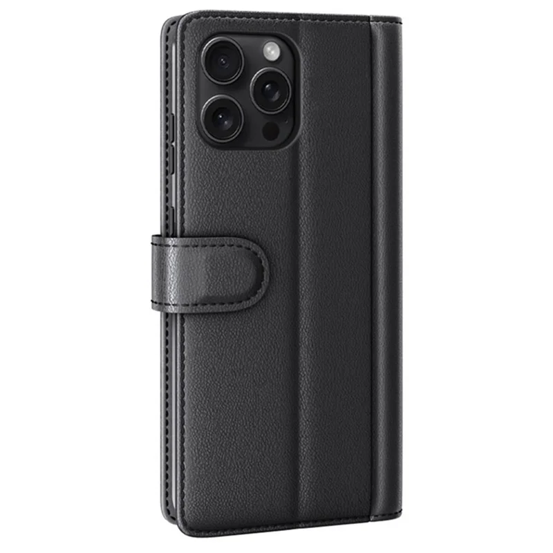 For iPhone 16 Pro Max Case Genuine Split Leather Phone Cover with Wallet Stand - Black