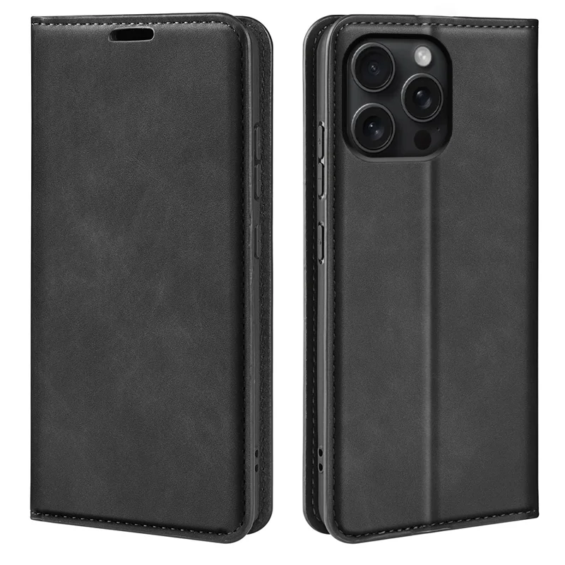 Für iPhone 16 Pro Max Case Skin-Feel PU-Leder-Handyhülle, faltbarer Ständer, magnetische Absorption - Schwarz
