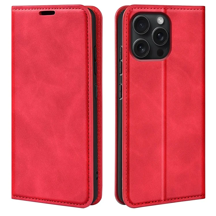 For iPhone 16 Pro Max Case Skin-feel PU Leather Phone Cover Folding Stand Magnetic Absorption - Red