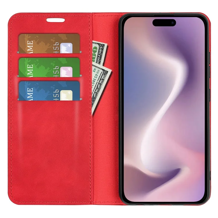 For iPhone 16 Pro Max Case Skin-feel PU Leather Phone Cover Folding Stand Magnetic Absorption - Red