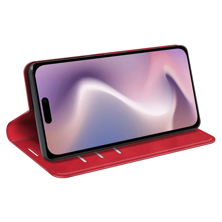 For iPhone 16 Pro Max Case Skin-feel PU Leather Phone Cover Folding Stand Magnetic Absorption - Red