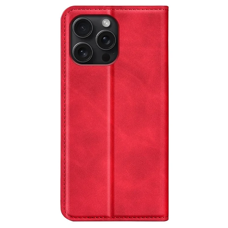 For iPhone 16 Pro Max Case Skin-feel PU Leather Phone Cover Folding Stand Magnetic Absorption - Red