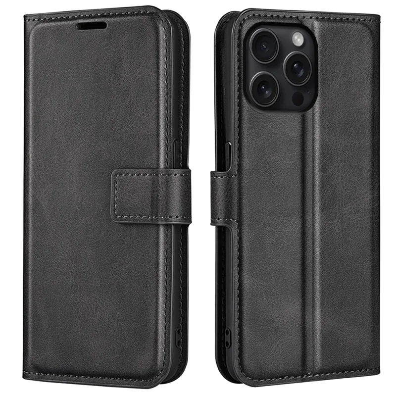 For iPhone 16 Pro Max Case Calf Texture PU Leather Folio Flip Wallet Phone Cover - Black
