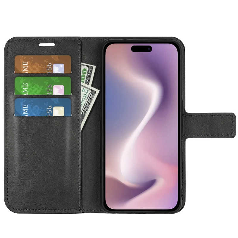 For iPhone 16 Pro Max Case Calf Texture PU Leather Folio Flip Wallet Phone Cover - Black