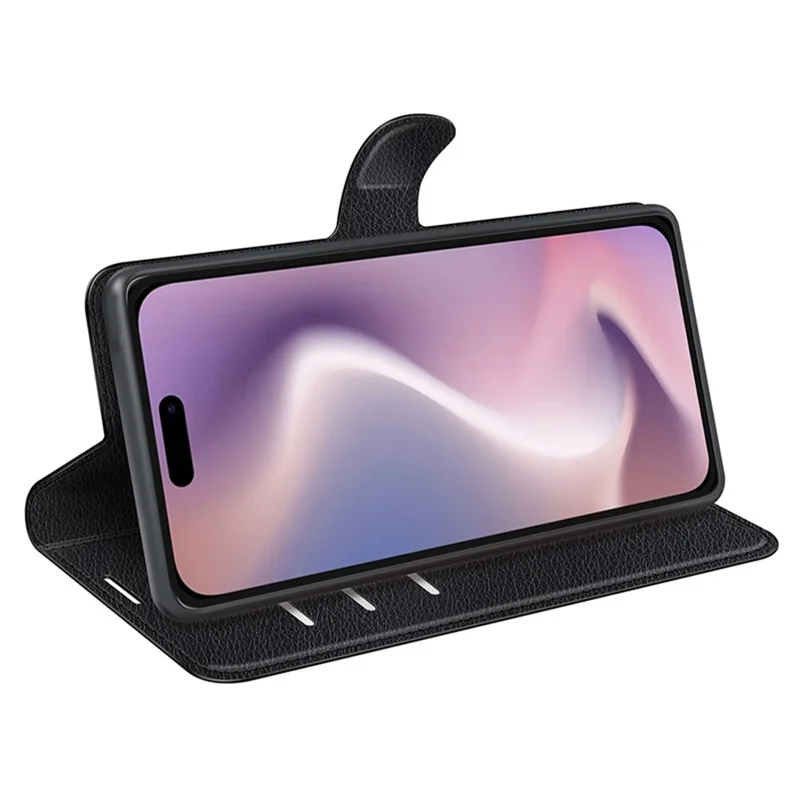 For iPhone 16 Plus Case Litchi Texture Leather Phone Cover Horizontal Viewing Stand - Black