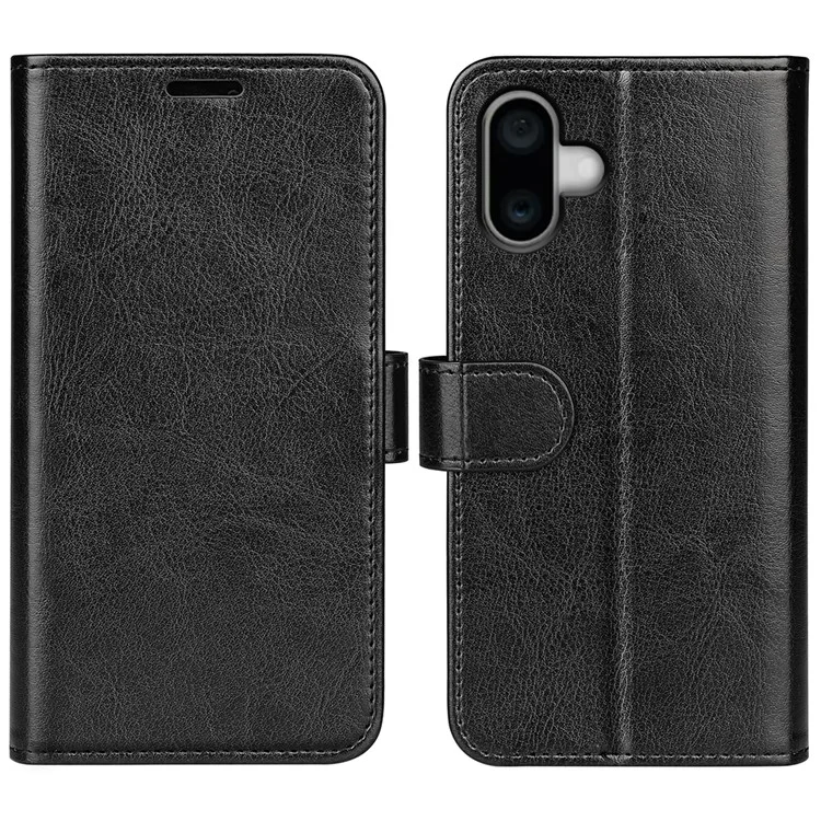 For iPhone 16 Plus Case Crazy Horse Texture Leather Phone Cover Horizontal Viewing Stand - Black