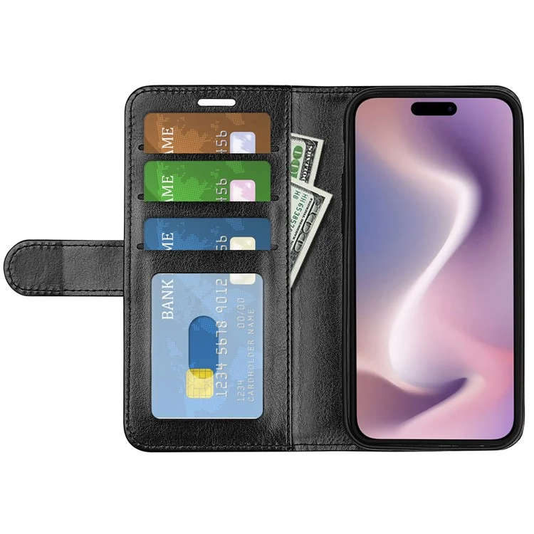 For iPhone 16 Plus Case Crazy Horse Texture Leather Phone Cover Horizontal Viewing Stand - Black