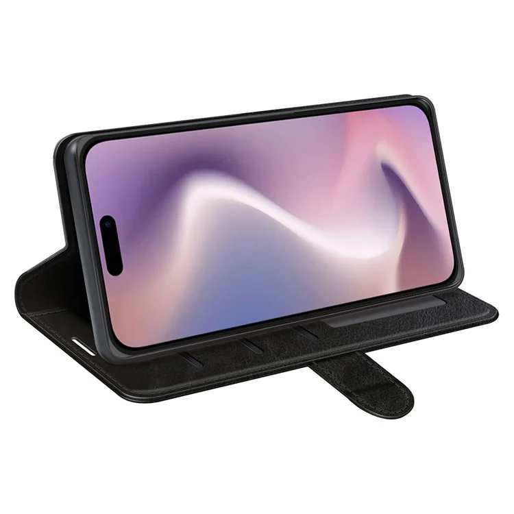 For iPhone 16 Plus Case Crazy Horse Texture Leather Phone Cover Horizontal Viewing Stand - Black