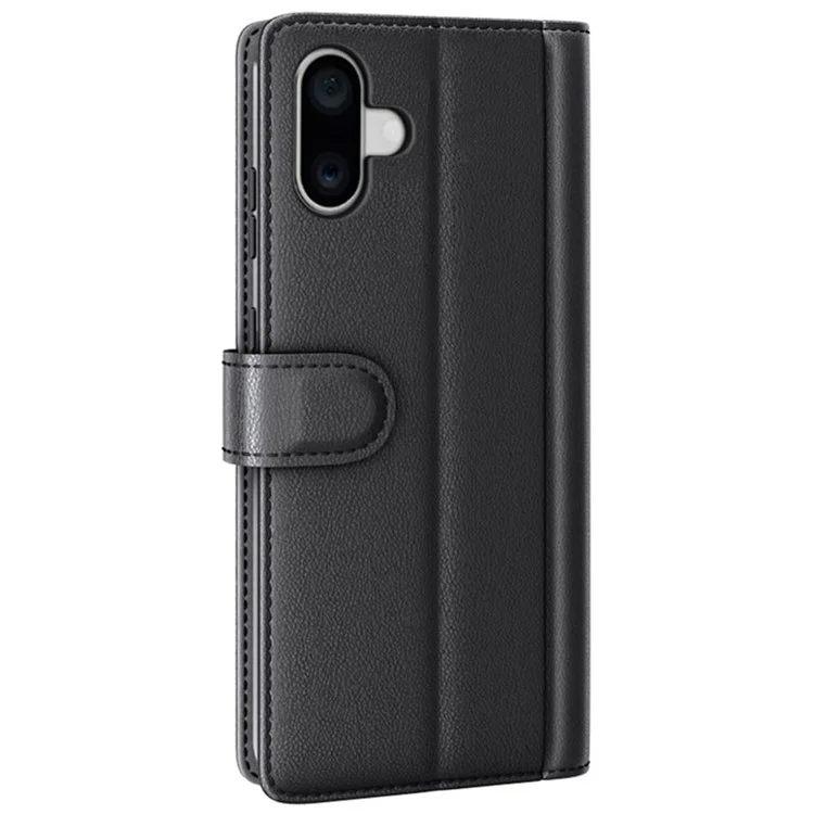 For iPhone 16 Plus Case Genuine Split Leather Phone Cover with Wallet Stand - Black