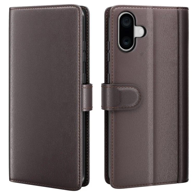 Étui pour iPhone 16 en cuir véritable fendu avec support portefeuille - Marron