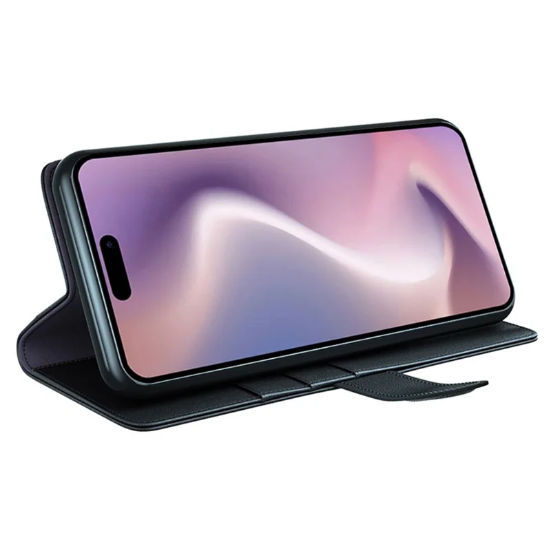 لـ آيفون 16 غطاء هاتف من جلد طبيعي مقسم مع محفظة وحامل - أسود