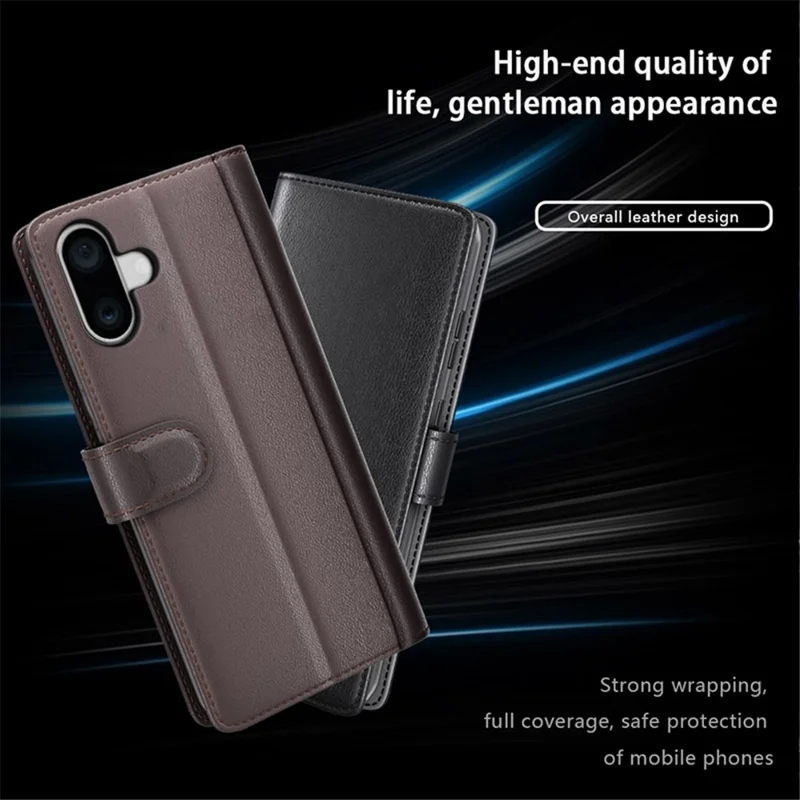 لـ آيفون 16 غطاء هاتف من جلد طبيعي مقسم مع محفظة وحامل - أسود