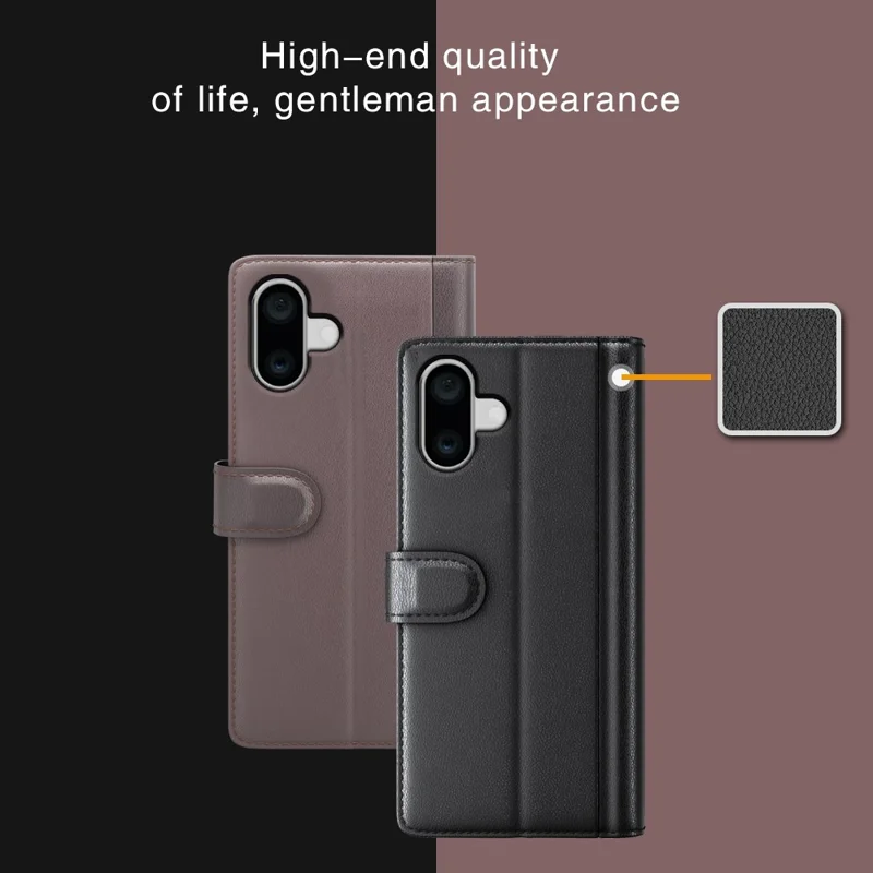 لـ آيفون 16 غطاء هاتف من جلد طبيعي مقسم مع محفظة وحامل - أسود