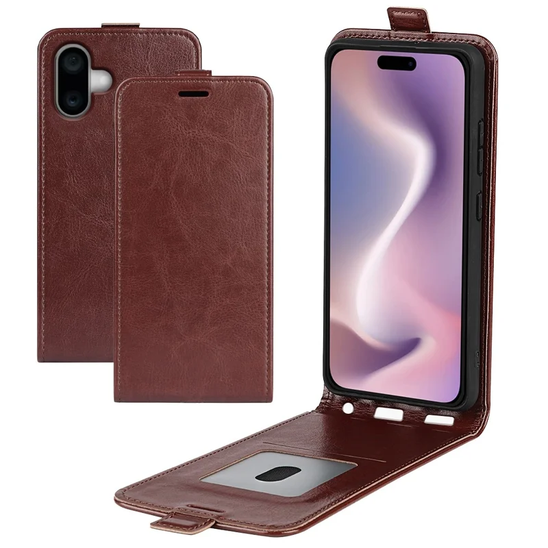 For iPhone 16 Case Card Slots Vertical Flip PU Leather Phone Cover - Brown