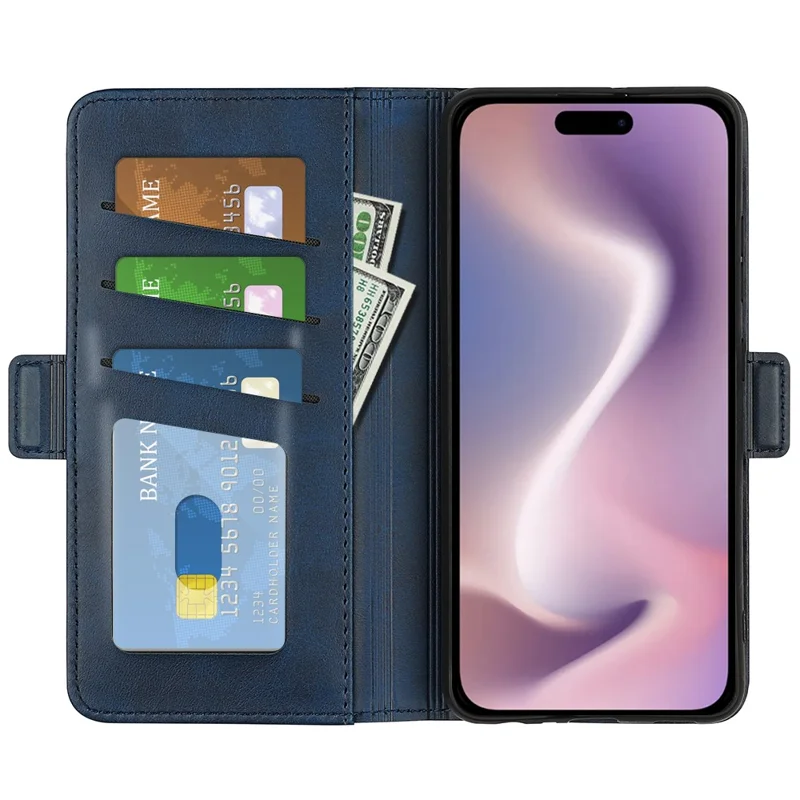 For iPhone 16 Case Folio Flip Leather Wallet Stand Phone Cover - Blue