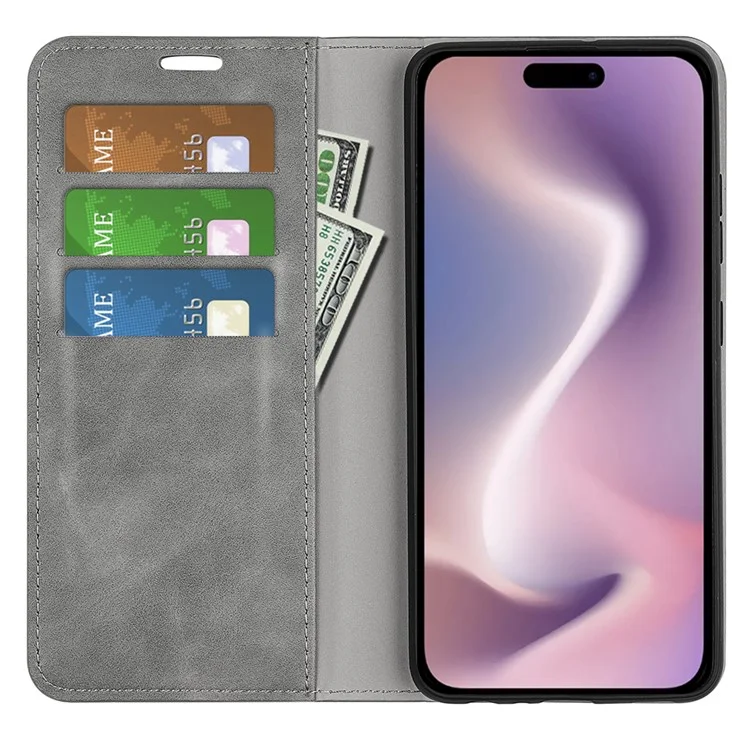 Für iPhone 16 Case Kartenfächer Geldbörse Skin-Feel PU Leder Telefonhülle - Grau