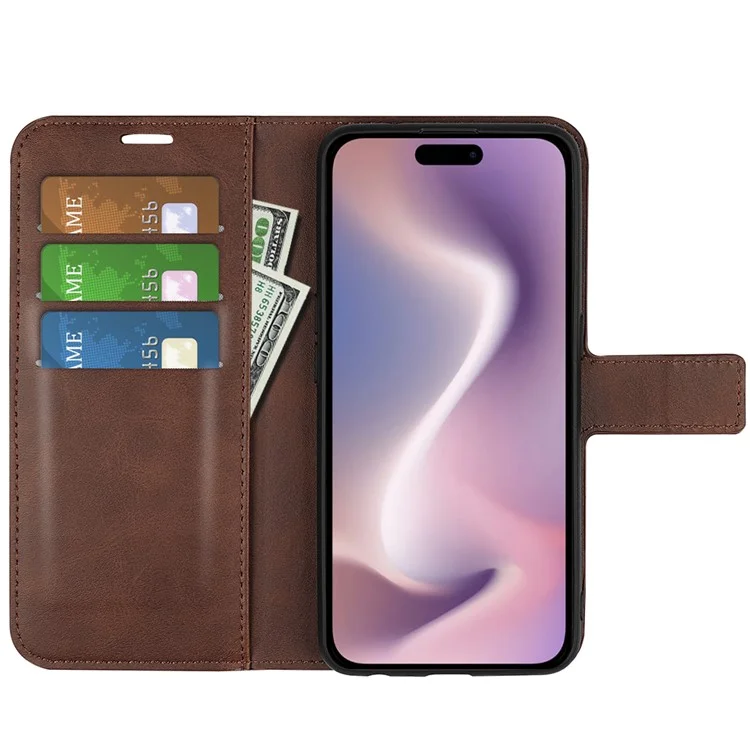 Für iPhone 16 Case Kalblederstruktur PU-Leder Folio Flip Phone Wallet Cover - Braun