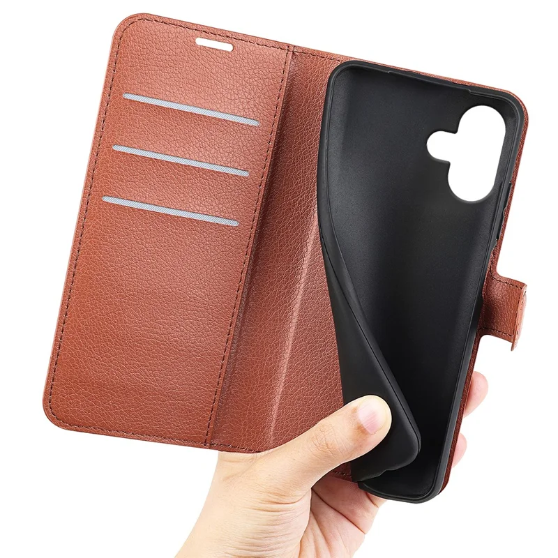 For iPhone 16 Case Wallet Leather Phone Cover Litchi Texture - Brown