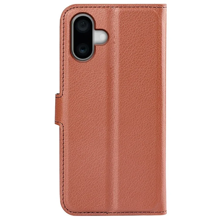 For iPhone 16 Case Wallet Leather Phone Cover Litchi Texture - Brown