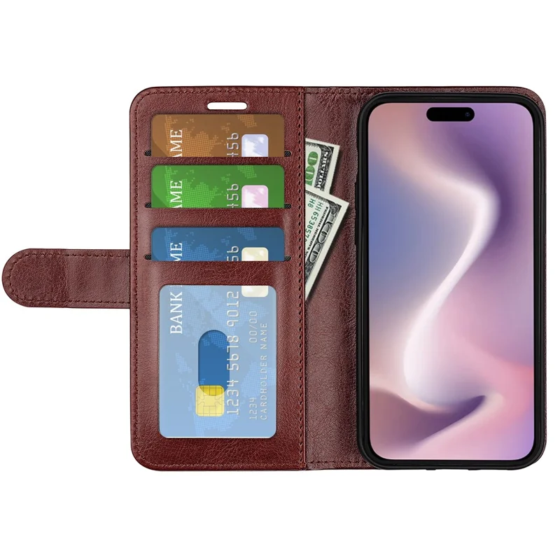 For iPhone 16 Case Crazy Horse Texture Leather Phone Cover Horizontal Viewing Stand - Brown