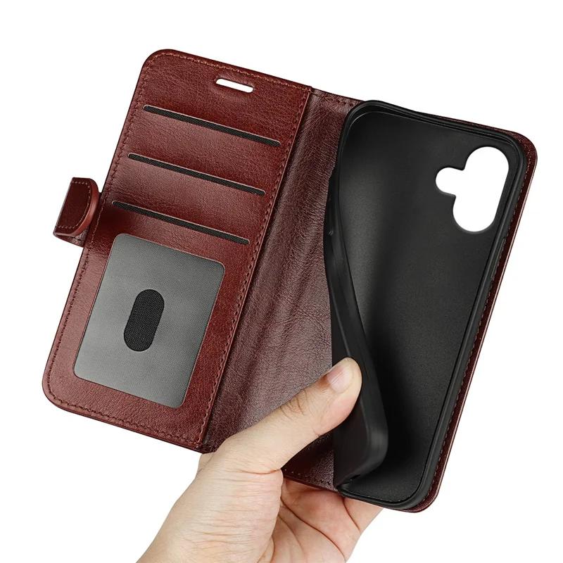 For iPhone 16 Case Crazy Horse Texture Leather Phone Cover Horizontal Viewing Stand - Brown