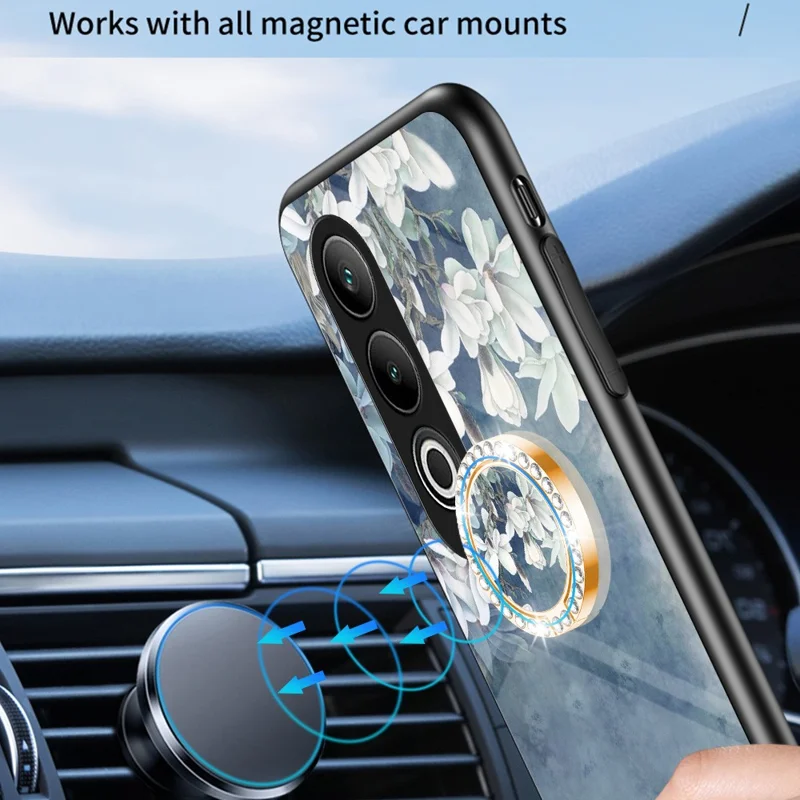 For OnePlus Nord CE4 5G Case Tempered Glass Pattern Printing Phone Cover with Ring Kickstand - Chinese Rose