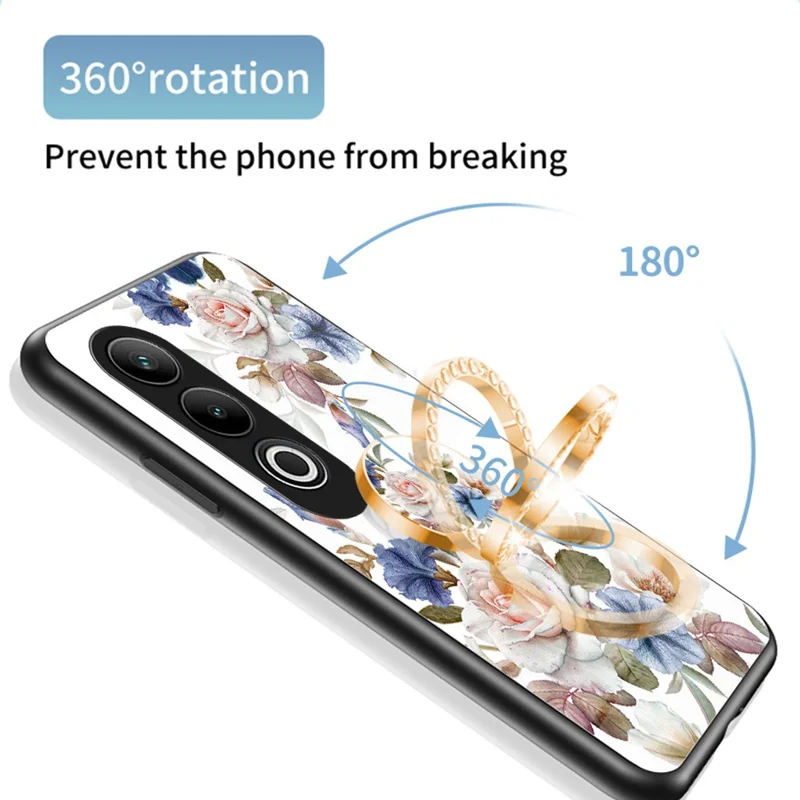 For OnePlus Nord CE4 5G Case Tempered Glass Pattern Printing Phone Cover with Ring Kickstand - Purple Magnolia