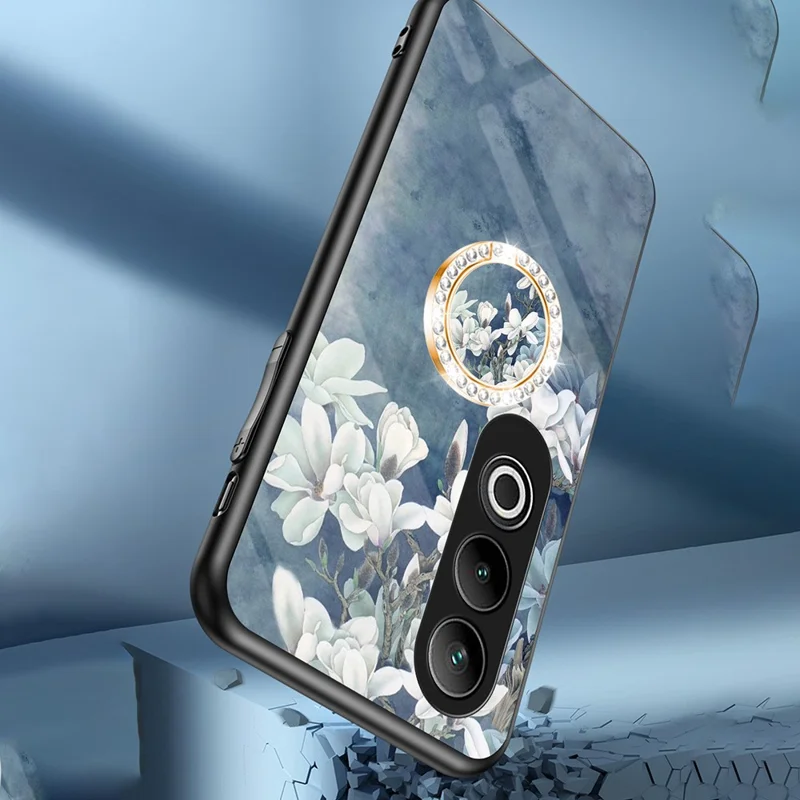 For OnePlus Nord CE4 5G Case Tempered Glass Pattern Printing Phone Cover with Ring Kickstand - Purple Magnolia
