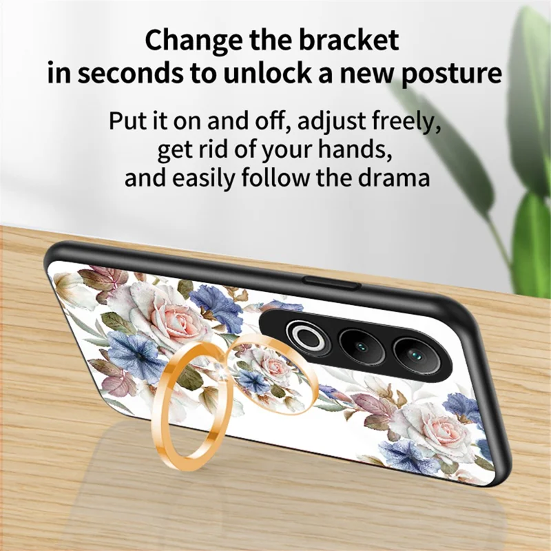 For OnePlus Nord CE4 5G Case Tempered Glass Pattern Printing Phone Cover with Ring Kickstand - Gardenias