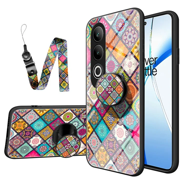 Per OnePlus Nord CE4 5G Case Kickstand Ethnic Pattern Tempered Glass+PC+TPU Phone Cover - Checkered Pattern