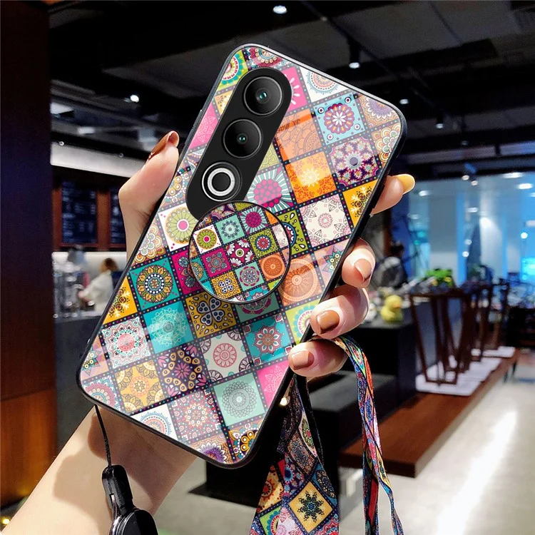 Per OnePlus Nord CE4 5G Case Kickstand Ethnic Pattern Tempered Glass+PC+TPU Phone Cover - Checkered Pattern
