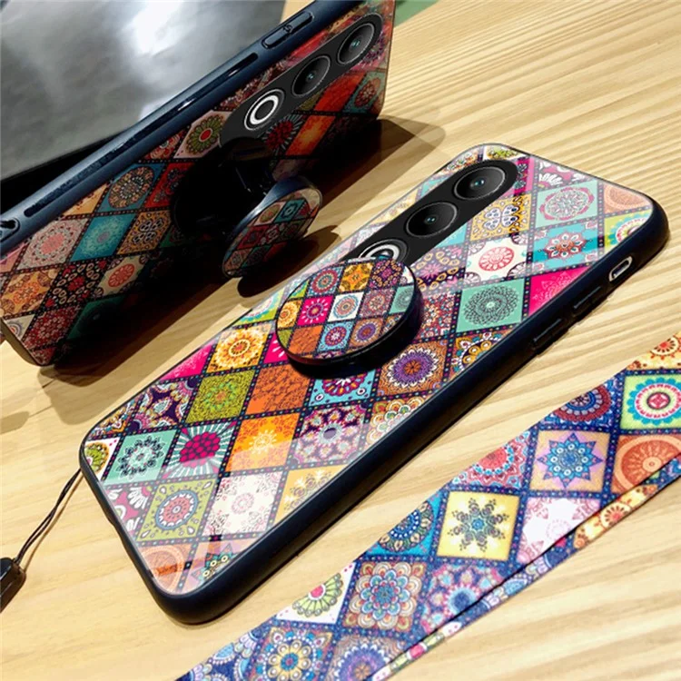 Per OnePlus Nord CE4 5G Case Kickstand Ethnic Pattern Tempered Glass+PC+TPU Phone Cover - Checkered Pattern