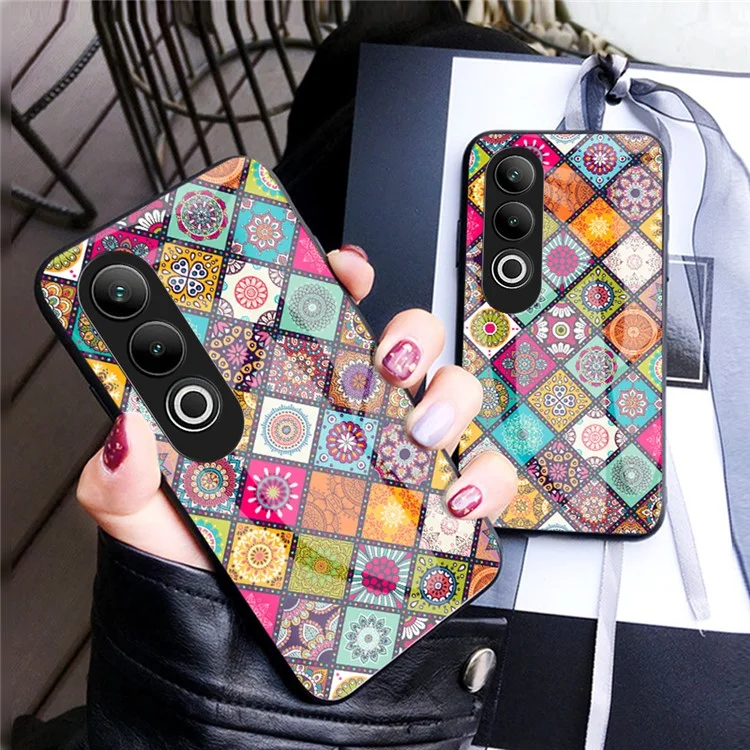 Per OnePlus Nord CE4 5G Case Kickstand Ethnic Pattern Tempered Glass+PC+TPU Phone Cover - Checkered Pattern
