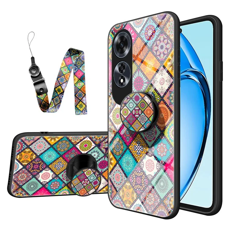Para Oppo A60 4G Funda Patrón Étnico Vidrio Templado+PC+TPU Cubierta de Teléfono con Soporte - Patrón a Cuadros