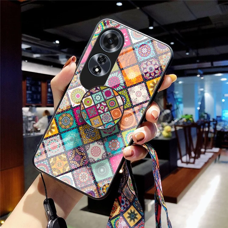 Para Oppo A60 4G Funda Patrón Étnico Vidrio Templado+PC+TPU Cubierta de Teléfono con Soporte - Patrón a Cuadros