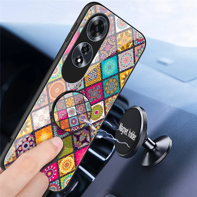 Para Oppo A60 4G Funda Patrón Étnico Vidrio Templado+PC+TPU Cubierta de Teléfono con Soporte - Patrón a Cuadros