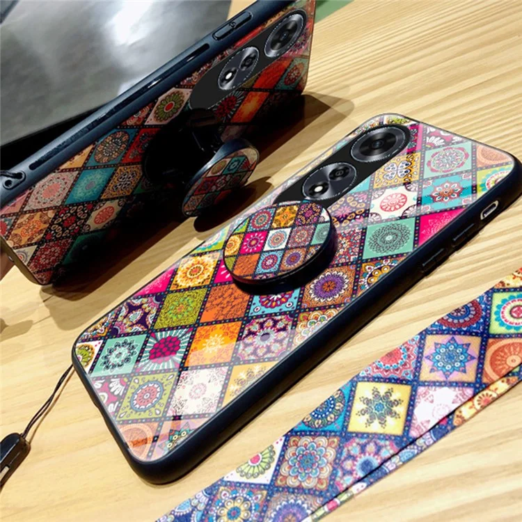 Para Oppo A60 4G Funda Patrón Étnico Vidrio Templado+PC+TPU Cubierta de Teléfono con Soporte - Patrón a Cuadros