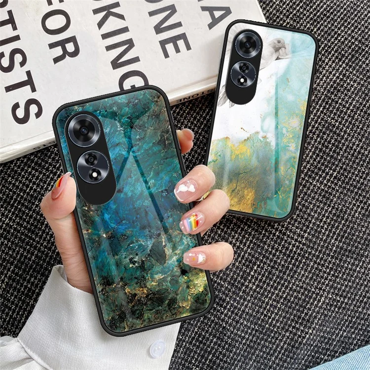 Для Oppo A60 4G Case TPU Frame Tempered Glass+PC Back Cover Marble Pattern - Black Marble