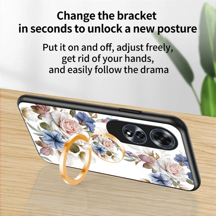 Para Oppo A60 4G Capa Padrão de Vidro Temperado Capa de Telefone com Suporte de Anel - Peônia Glamourosa