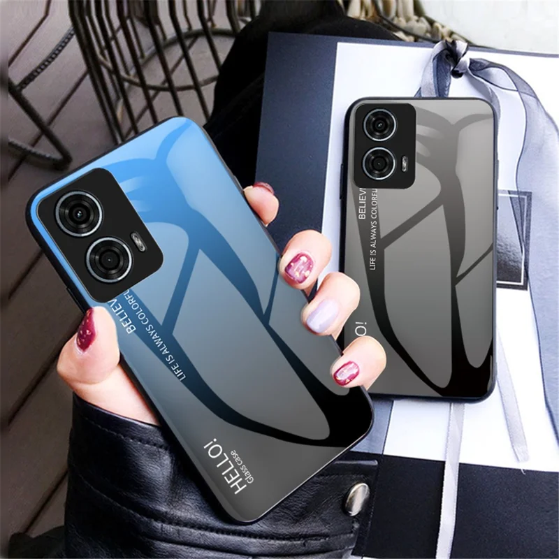 For Motorola Moto G24 Power Case Anti-Scratch Tempered Glass Back Cell Phone Cover - Gradient Blue Black