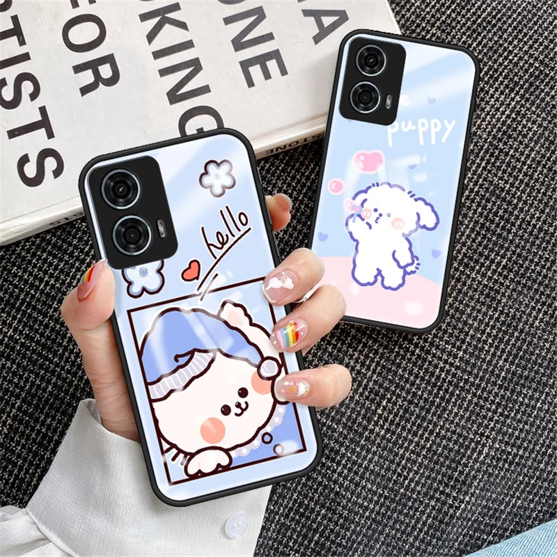 For Motorola Moto G24 Power Case Animal Print Pattern Tempered Glass Protective Cover - Happy Rabbit